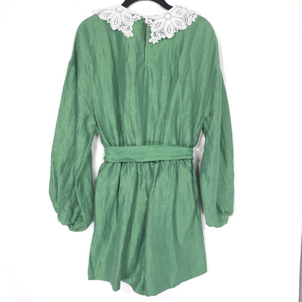 NWT MAJE Women’s‎ Size 40 US 8 LINEN Blend Short Jumpsuit Romper Green Lace - Picture 7 of 16